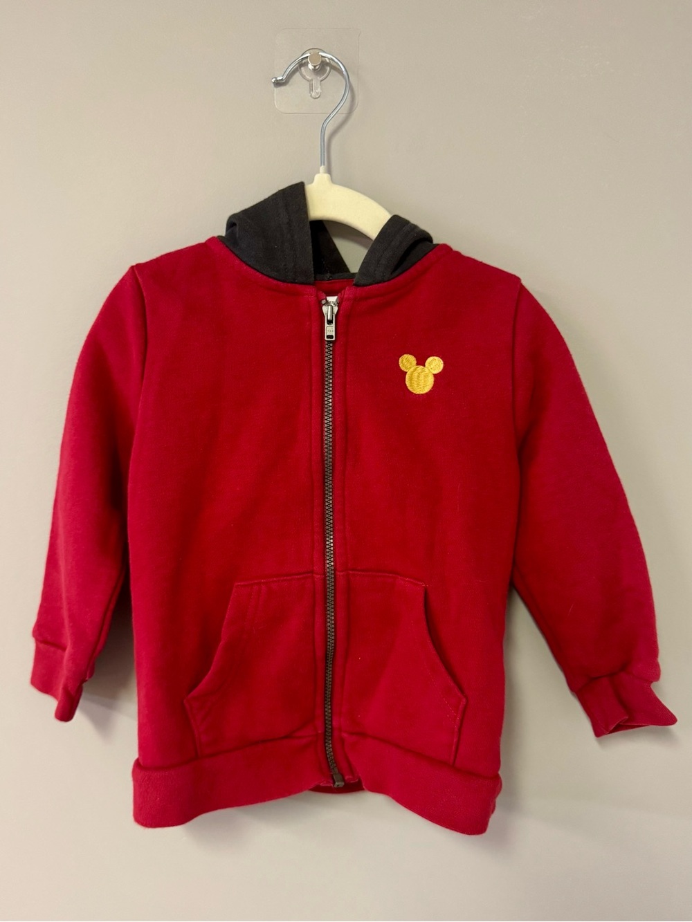 Kids Red Hooded Zip Sweatshirt with Gold Mickey Patch